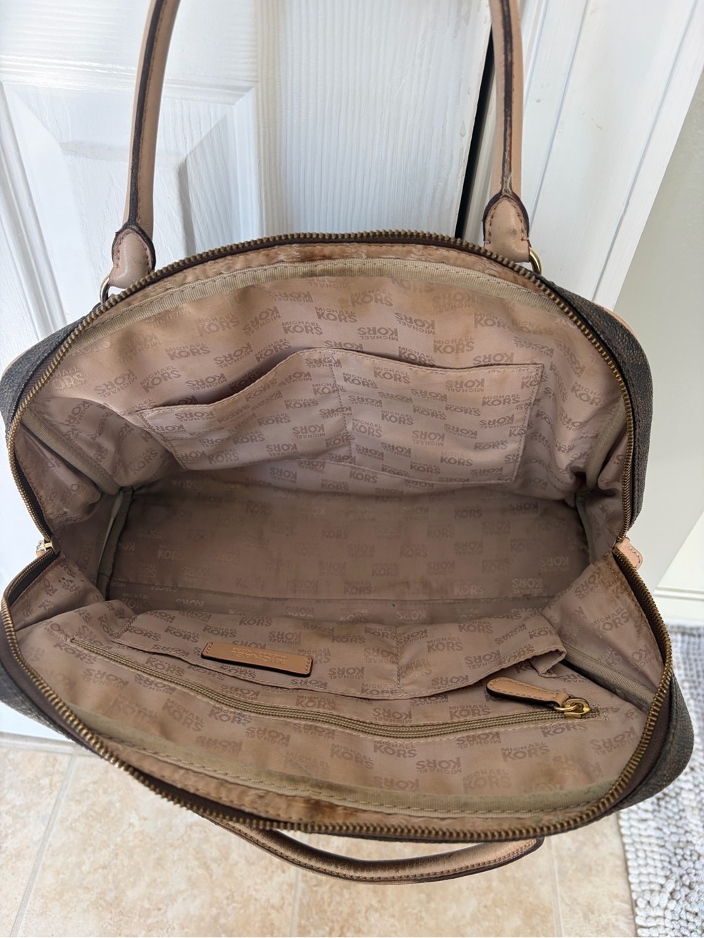 Michael Kors Dark Brown MK Logo Dome Satchel with Light Tan Trim - Picture 8 of 10